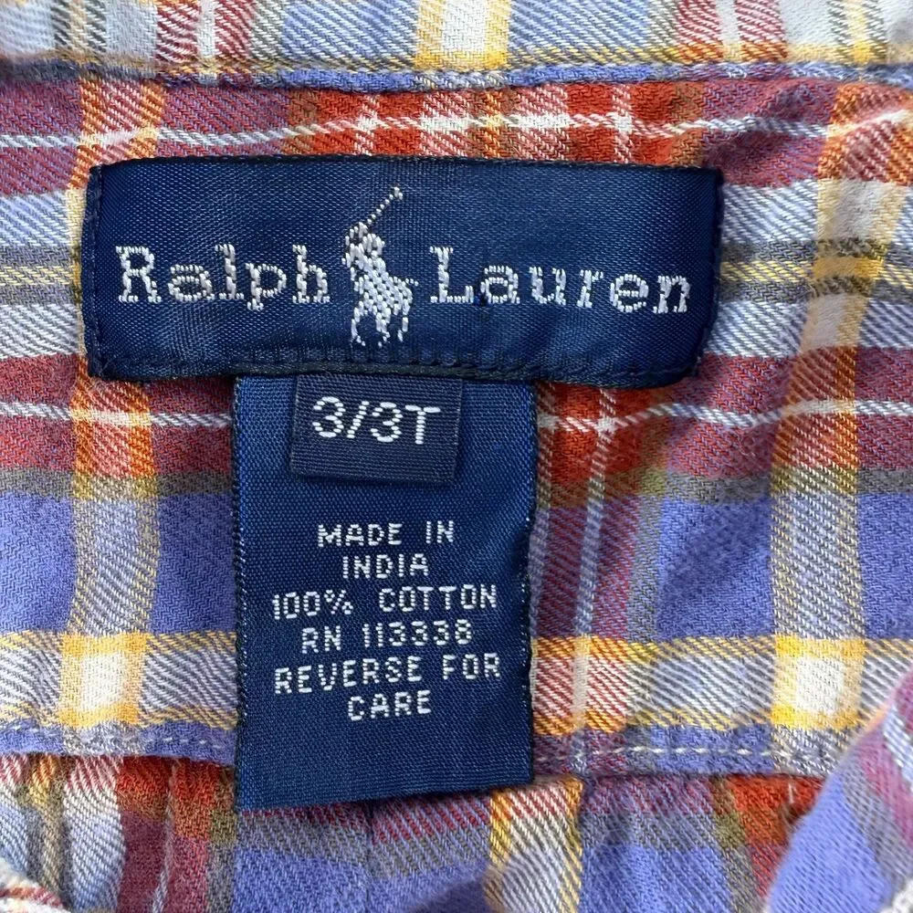 Ralph Lauren Boys 3T Plaid Button Down Shirt Pony 100% Cotton Blue Red